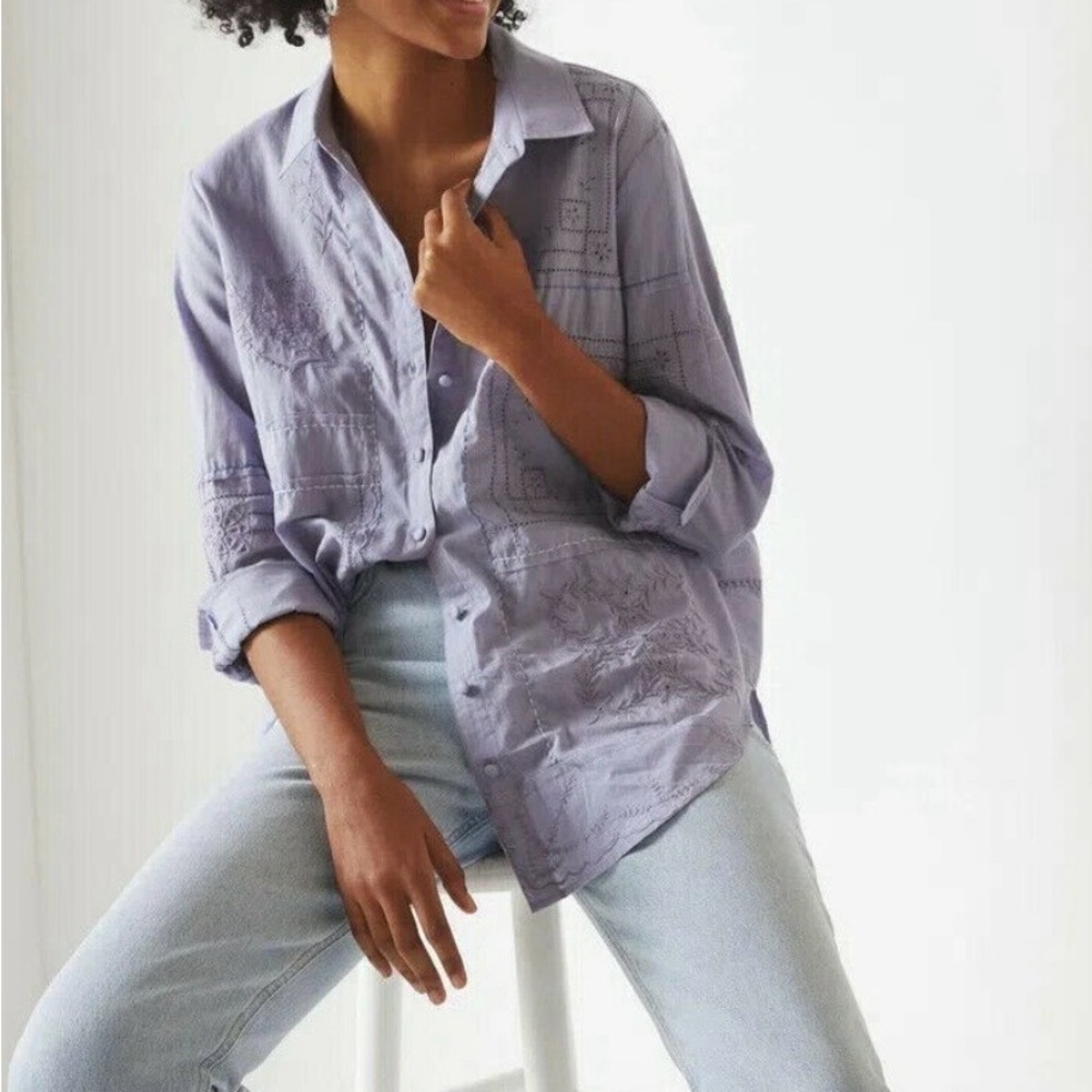 Anthropologie Handkerchief Buttondown Eyelet Embroidered Shirt Sky Tunic Top S